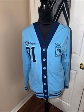 Spelman College Light Blue Button Cardigan with Navy Trim